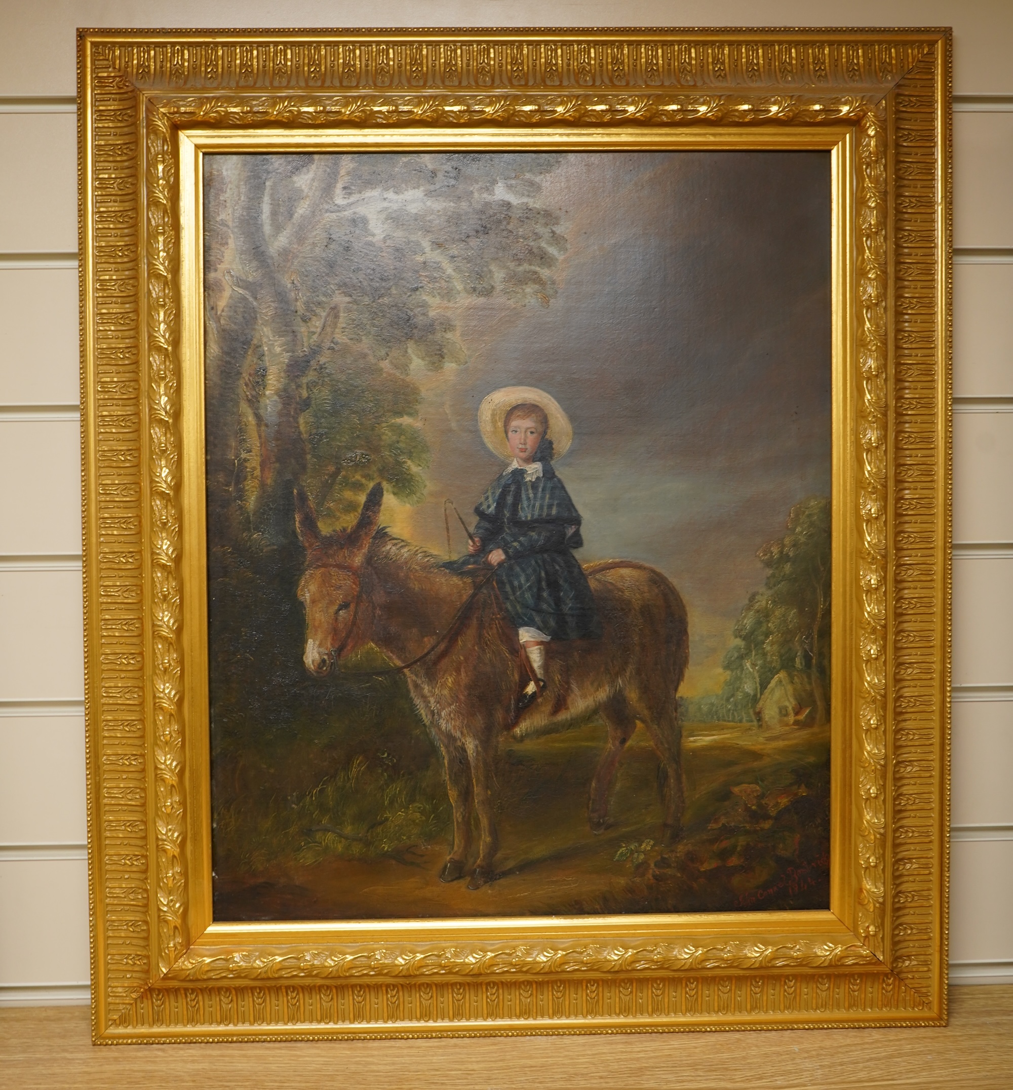 John Connell (19th. C), Portrait of a girl on a donkey at Bembridge, signed and dated 1844, oil on canvas, ornate gilt frame, 49 x 40cm
